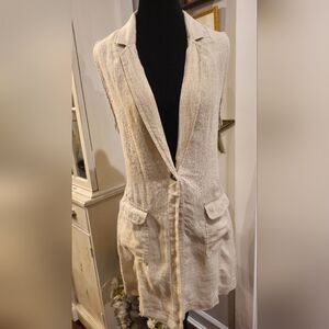 TAHARI Linen Neutral Long-line Sleeveless Blazer Vest‎ Size Medium